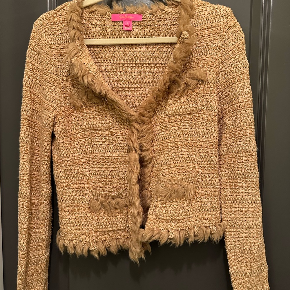 Lilly Pulitzer Tan Cardigan Sweater with Fringe Trim